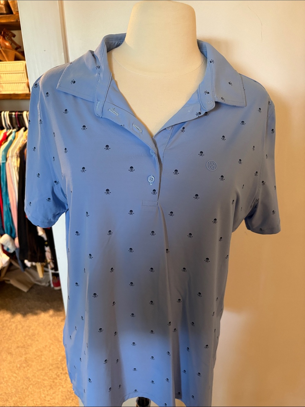 G/FORE Light Blue Short-Sleeve Button-Down Polo with Mini Skull Print